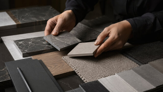 Hands selecting interior material samples