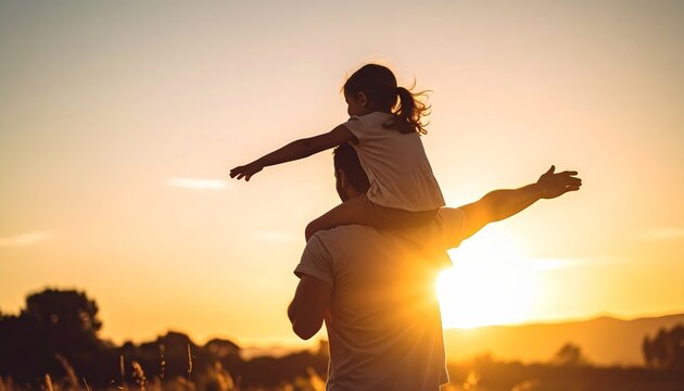 Father and daughter bonding during sunset, sharing joyous piggyback ride