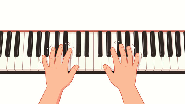 Illustration of hands playing piano with musical notes and black keys in warm tones