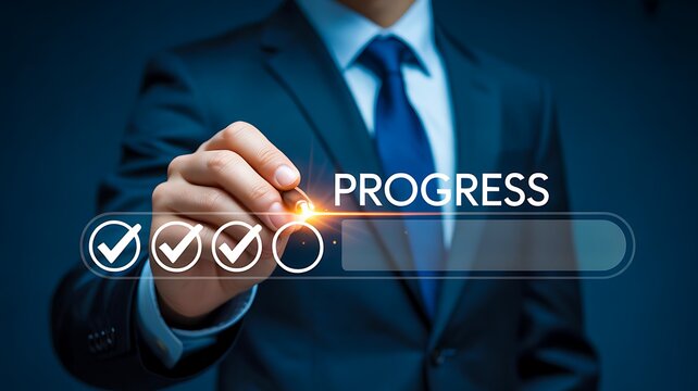 Businessman updating progress bar representing project completion and business growth