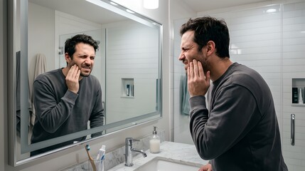 Fototapeta premium Man shaving in bathroom looking at mirror with reflection