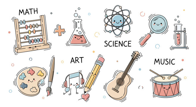A colorful illustration of various school subjects including math, science, art, and music with icons and symbols.