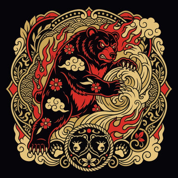 Angry bear illustration in traditional Japanese tattoo style