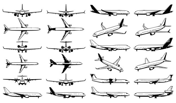 Commercial Passenger Aircraft Different Views Realistic Vector Illustration Set