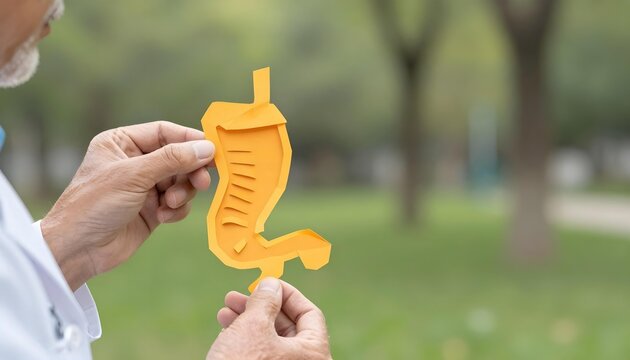 Doctor presenting a paper cutout of a stomach, emphasizing appendix cancer awareness and the strength of survivors and advocates