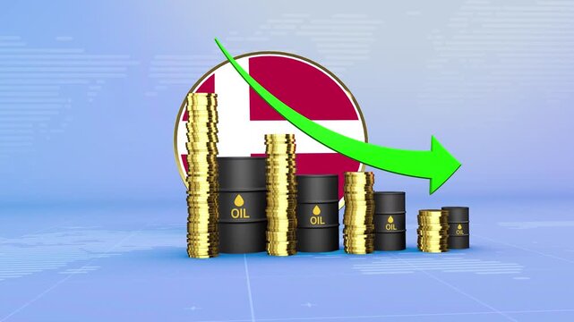 Denmark Oil Prices Decline with Oil Barrels, Gold Coins and Downward Green Arrow, 3D Economic and Financial Market Concept