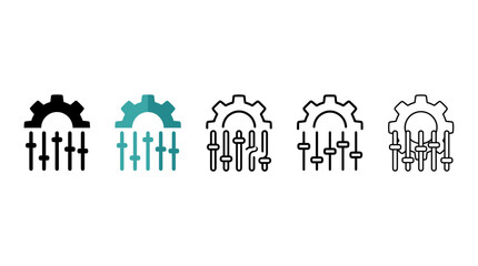 Fototapeta premium Set of five vector icons featuring gears and sliders for user interface design and digital applications in various styles