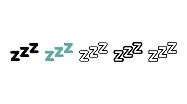 Stylized collection of five unique zzz symbols representing sleep and relaxation in various designs