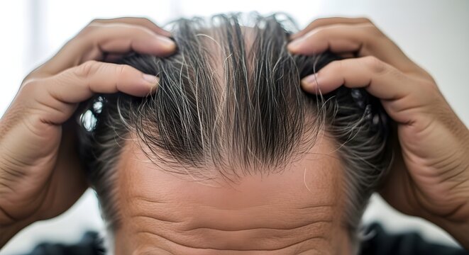 A person's hands touching their scalp, revealing thinning hair and balding with graying strands.