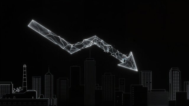 Glowing arrow falls over city skyline, symbolizing decline or downturn.