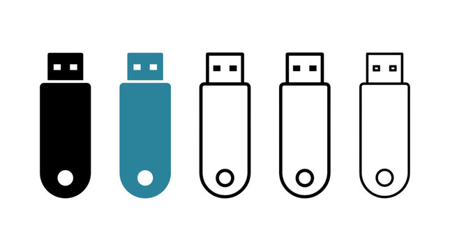 Collection of five usb pendrives in various colors and designs for digital storage