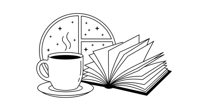 White mug of steaming coffee next to an open book and a cookie on a plate perfect for cozy moments