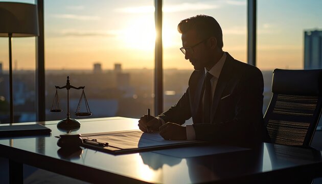 Silhouette of a lawyer finalizing a contract agreement in a modern office