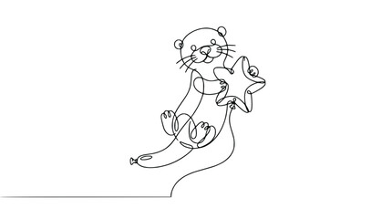 Obraz premium Cute Otter Holding Star Balloon - Single Line Art