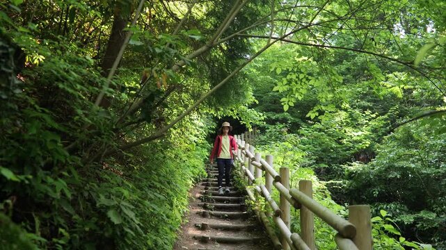 高尾山の四号路の階段を降りる女性のトラッキングショット