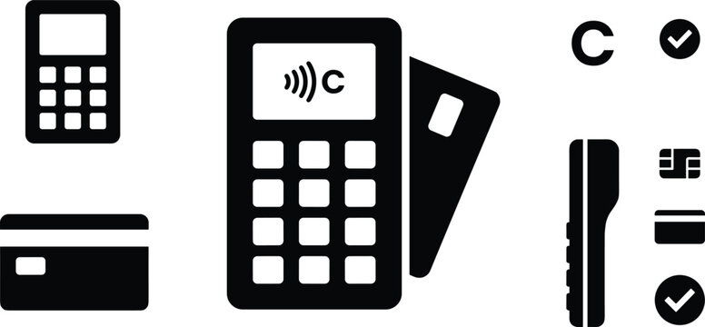 Payment and contactless transaction terminal icon set, featuring credit cards, card readers, and payment processing symbols for retail and financial business services