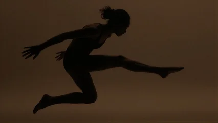 Silhouette of dancer mid-leap against warm, hazy background. © YiuCheung