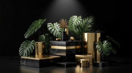 Fototapeta premium A luxury product display with black marble and gold pedestals decorated with tropical monstera leaves against a dark black background