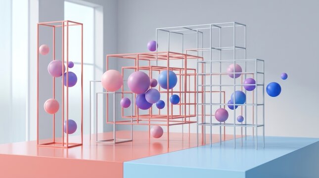 Abstract 3d composition with colorful spheres and wireframe cubes on a split pink and blue platform against a soft white background setting