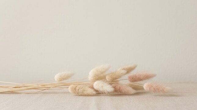 Dried lagurus ovatus bunny tail grass stems arranged horizontally on a neutral beige fabric background, with soft natural, lighting and shadows