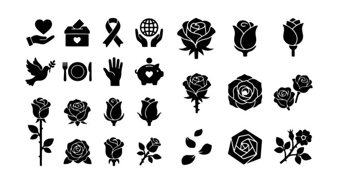 Rose Icons Collection, Floral Vector Graphics, Love & Support Symbols, Elegant Flower Silhouettes