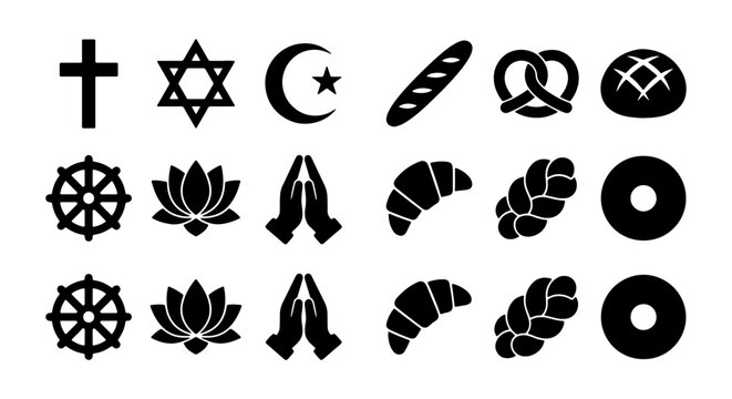 Religious Symbols and Baked Goods Icons, Christian Cross, Star of David, Islamic Crescent, Bread, Pretzel, Lotus, Dharma Wheel, Prayer Hands, Croissant, Challah, Bagel