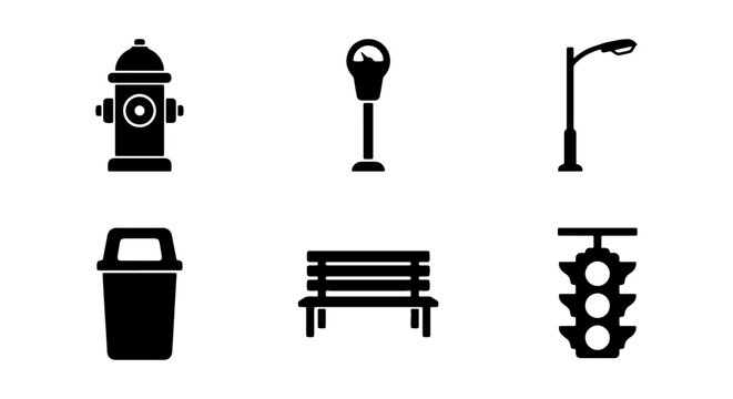 Urban Street Furniture Icons: Fire Hydrant, Parking Meter, Lamp Post, Trash Can, Bench, Traffic Light