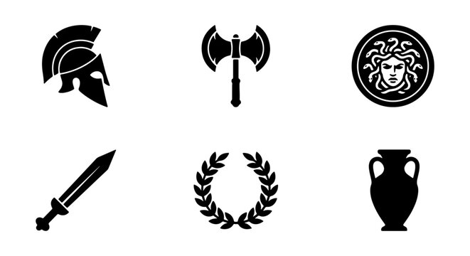 Ancient Greek Icons: Spartan Helmet, Labrys Axe, Medusa, Gladius Sword, Laurel Wreath, Amphora