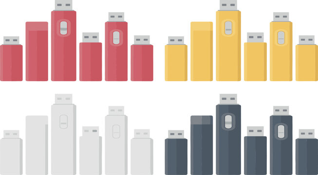 USB Flash Drive Vector Icon Set Featuring Red Yellow White and Black Memory Sticks and Thumb Drives for Technology and Data Storage Media Formats