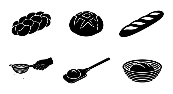 Bakery Icons Set: Bread, Sourdough, Baguette, Challah, Tools, Vector Graphics
