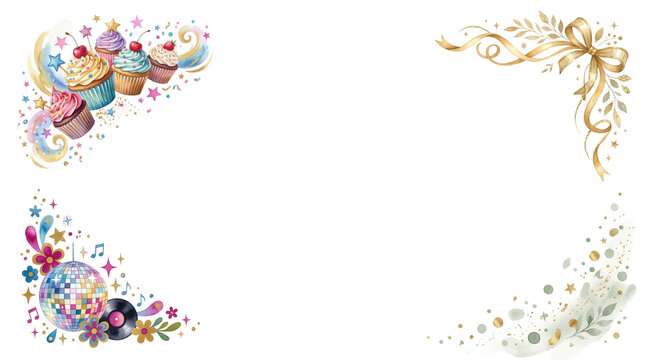 Watercolor floral and festive corner borders set with cupcakes disco ball gold bow and foliage dust