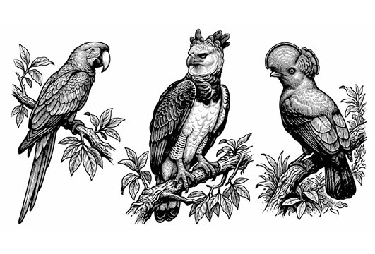 Hand drawn Amazon rainforest birds vector illustration set featuring perched macaw parrot harpy eagle and cock of the rock isolated on white background,