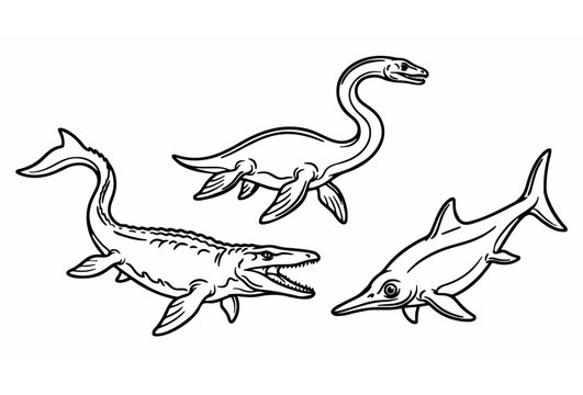 Hand drawn prehistoric marine reptiles vector illustration set featuring realistic mosasaurus plesiosaurus and ichthyosaurus isolated on white background,