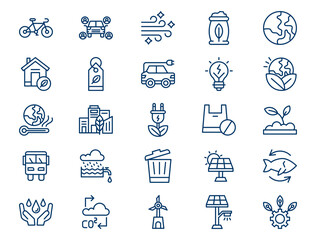 Fototapeta premium Ecological sustainable living outline icon set presents detailed green environmental elements. Conservation concept