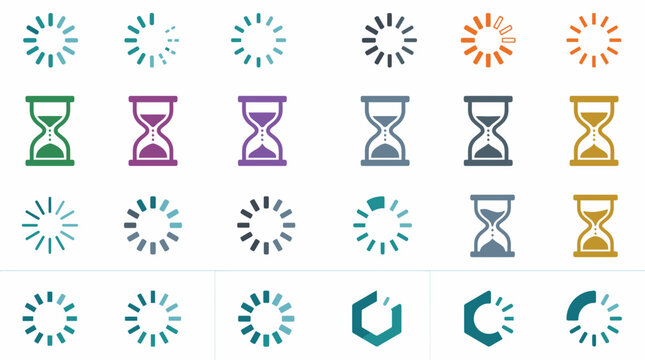 Digital loading bars and hourglass progress icons set.