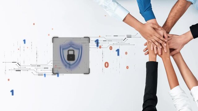 A visually striking image depicting hands stacking in unity over digital security symbols, representing teamwork and collaboration in a modern office environment. Raster