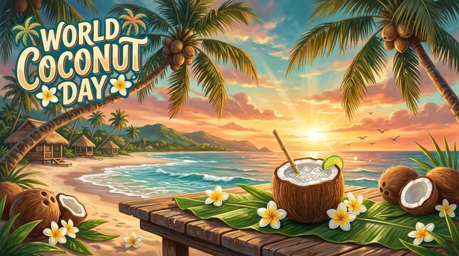 
Colorful tropical beach scene celebrating world coconut day with fresh coconuts and drinks by sunset