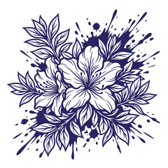 Fototapeta premium A dark blue ink of a cluster of blooming flowers with leaves and artistic paint splatters on at-shirt poster white background, isolated for print or digital projects