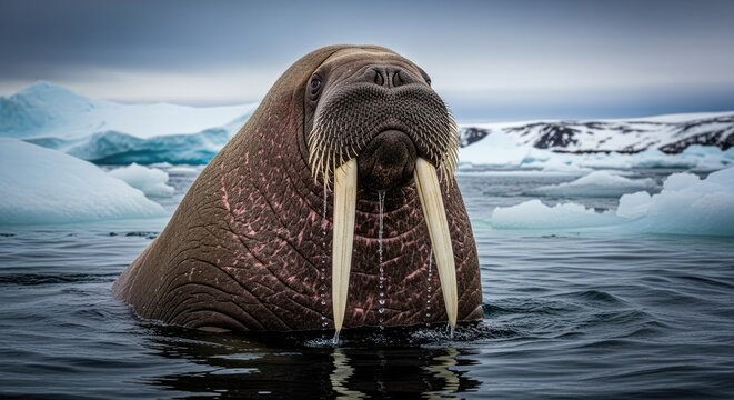 Walrus swimming in icy Arctic waters.