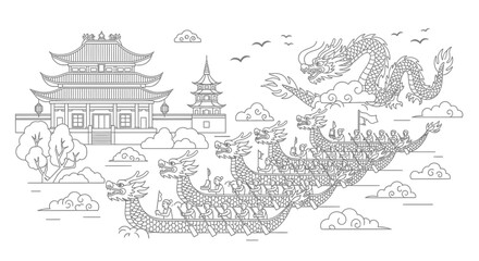 Dragon Boat Festival Celebration Line Art Illustration © Arion