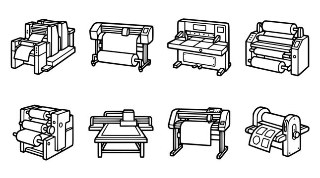 Various industrial printing machines and cutters in a vector illustration