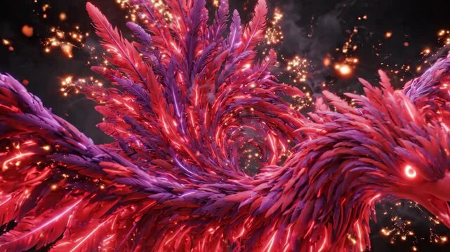 Vivid pink and purple phoenix bird with glowing feathers, dynamic sparks, and dramatic lighting, fantasy mythical creature art featuring vibrant colors, magical atmosphere, intense energy