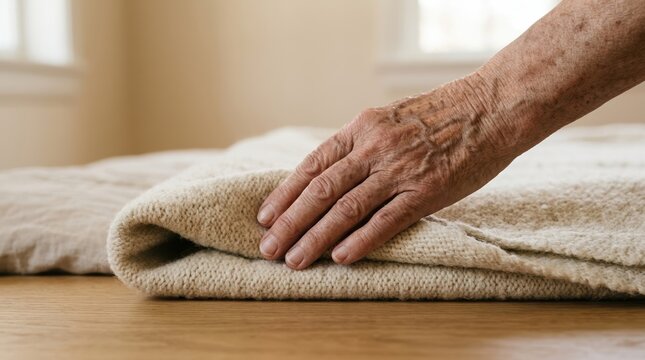Elderly person folding a soft beige knitted blanket on a wooden table representing comfort and home care