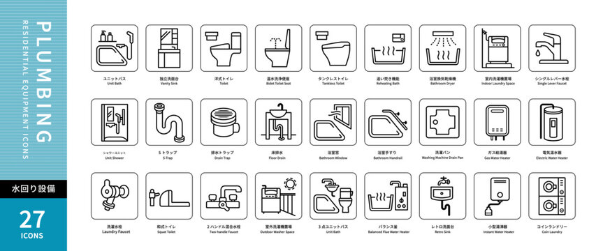 Plumbing Residential Equipment Icon Set &ndash; Water Supply & Bathroom Line Vector (27 Icons)