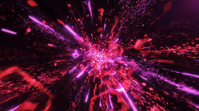 Abstract explosion red and purple light dynamic energy shattered glass futuristic digital art vibrant motion, glowing cosmic creative dramatic, pink heart particle, glowing light trail, spark effect