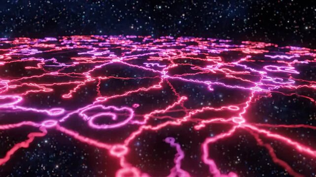 Neon glowing electric pattern abstract energy futuristic surface with vibrant pink and purple cosmic background, zodiac signs, constellation lines, star clusters, and energetic network dreamy night