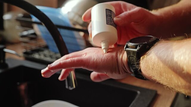 Applying Antiseptic Treatment to Scratched Hand in Home Kitchen Close Up