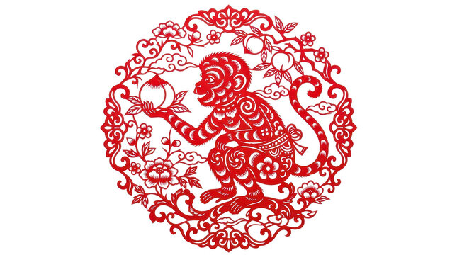Intricately designed red monkey paper cutout in a circular floral pattern on white background