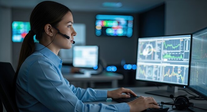 Woman working at computer security station.