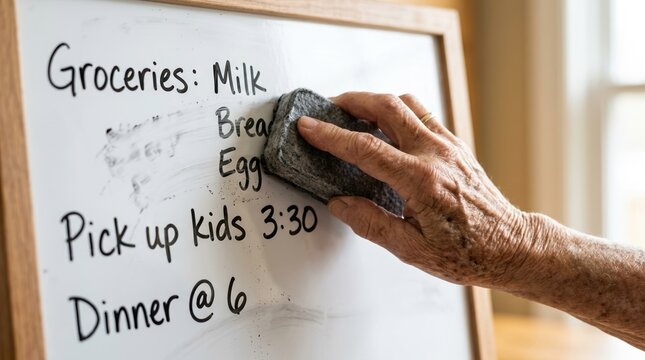 Elderly woman erasing grocery list on whiteboard at home for daily schedule management and memory aid